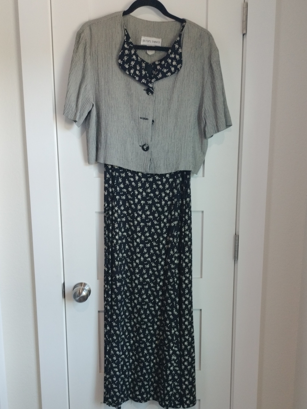 Black Floral Maxi Dress with Light Gray Cropped Jacket
